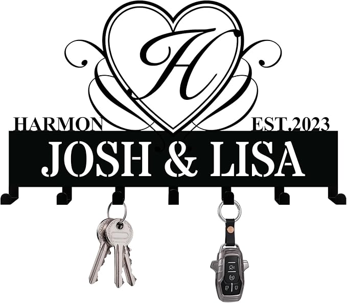 Personalized Monogram Key Holder, 7-Hook Metal Wall Key Rack with Name Sign - Entryway Organizer, Rustic Housewarming Gift