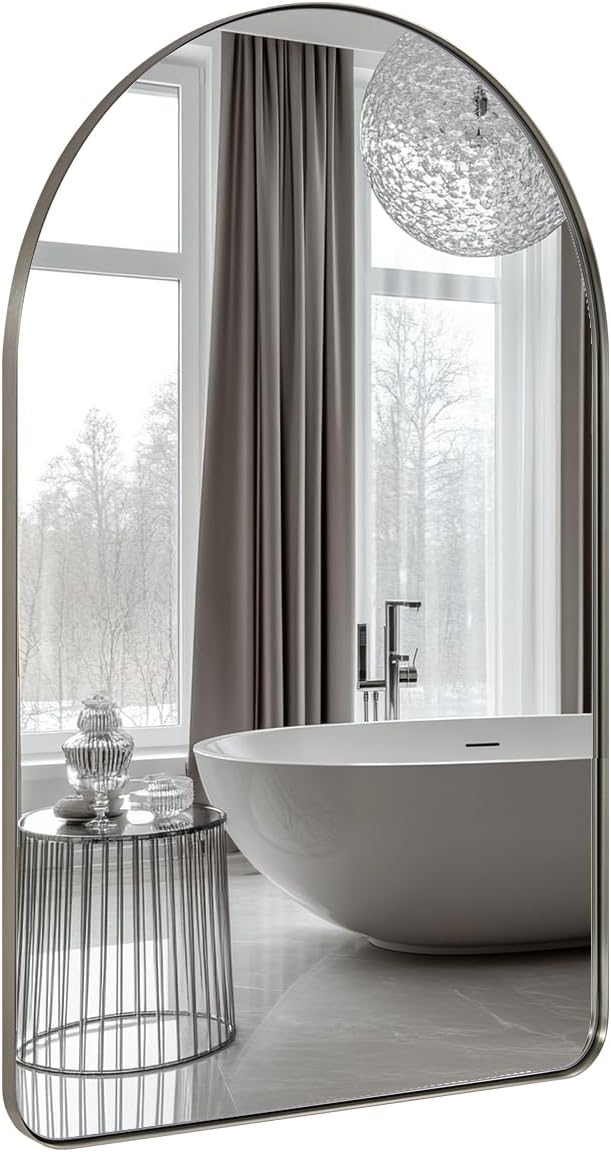 ANDY STAR 30 x 40 Inch Arched Mirror, Brushed Nickle Bathroom Mirror in Stainless Steel Metal Frame, Arch Top Rounded Corner 1 Inch Deep Set Design Wall Mount Hangs Vertical