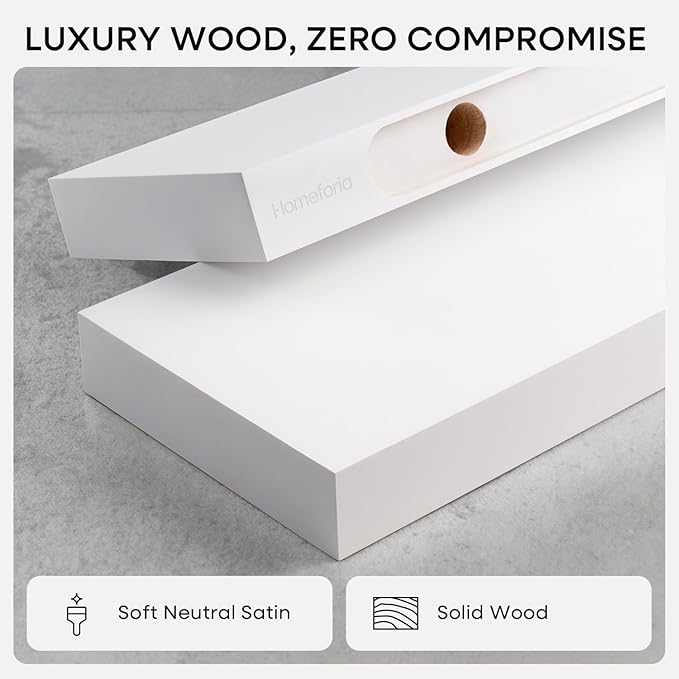 Homeforia White Floating Shelves 36 inch, High End Solid Real Wood 36inch Floating Shelf for Wall Mounted, White Wooden 36in Long Floating Shelves, Heavy Duty Bracket, 36 X 6.5 X 1.75 inches, Set of 2