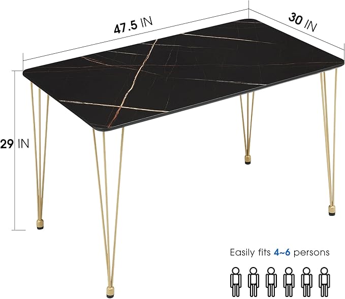 ivinta Dining Table for 4-6, Modern Marble Dining Table with Gold Hairpin Legs, 47inch Rectangle Dining Room Table for Small Space, Kitchen, Living Room, Lilac (Black)