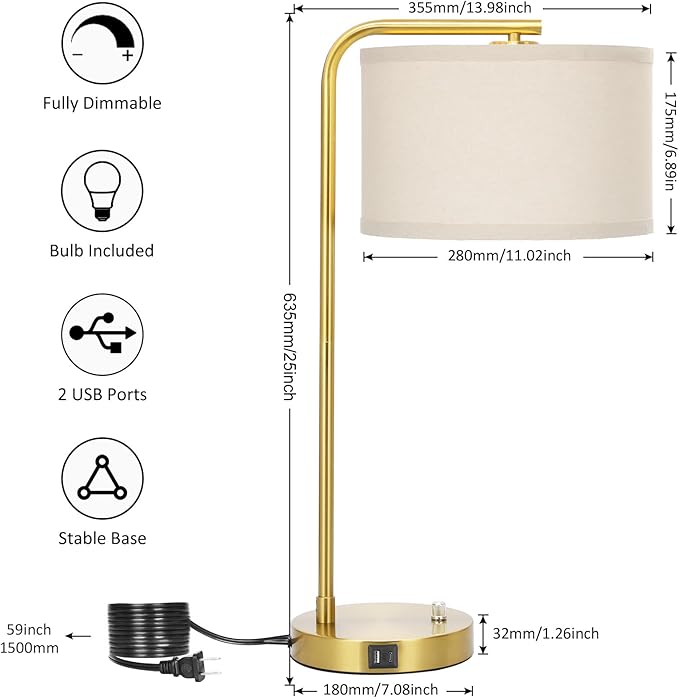Fully Dimmable Bedside Lamp with C+A USB Ports, Mordern Gold Nightstand Lamp Desk Reading Lamp with Beige Drum Shade, Tall Side Table Lamp for Living Room Bedroom Office, 9W LED Bulb Included