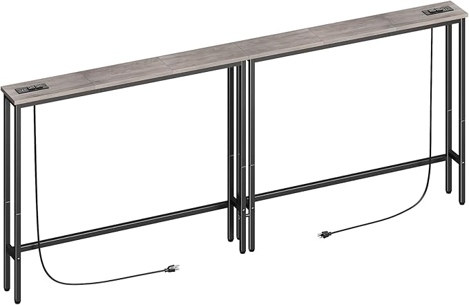 ELYKEN 2 Pack 5.9" Narrow Console Sofa Table with Power Outlets, Total 78.8” Long Behind Couch Table with Charge Station and 5.9’ Extension Cord for Living Room, 5.9" D x 78.8”W x 29.5”H, Gray