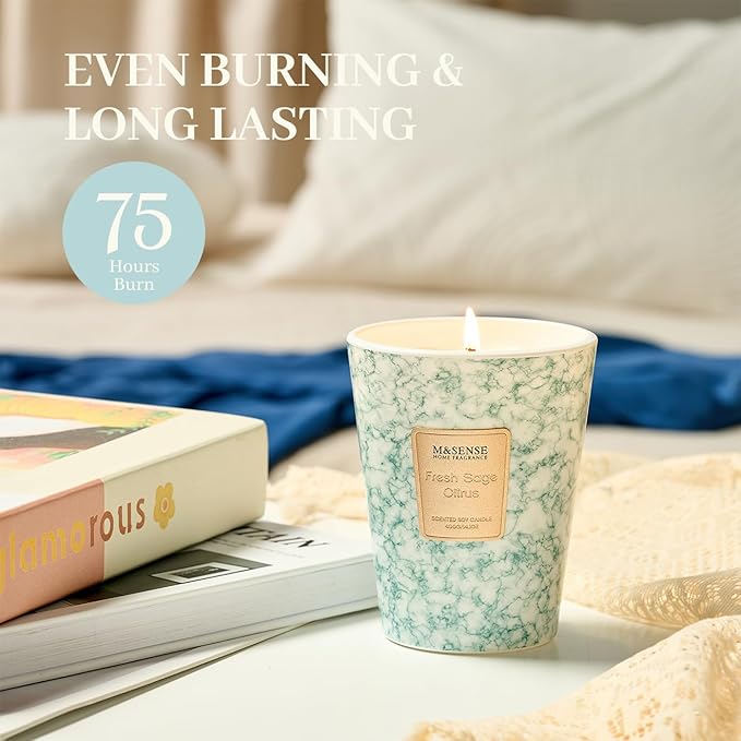 M&SENSE Fresh Sage Citrus Scented Soy Candle, 3 Wick Highly Scented 14.1 Oz 80H, Aromatherapy Christmas Gift for Women and Men