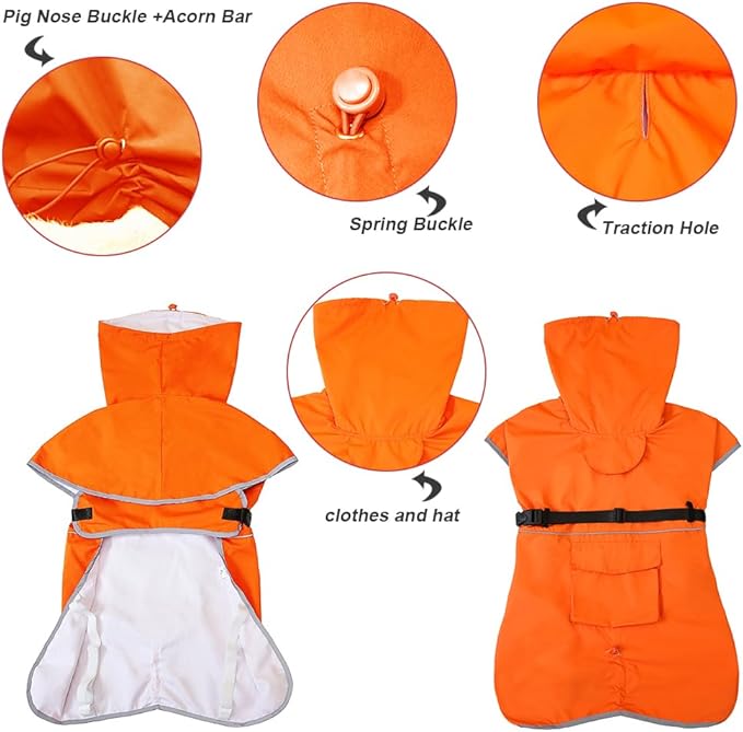 Waterproof Dog Raincoat Adjustable Dog Hooded Slicker Poncho Raincoat for Medium Large Dogs, Reflective Dog Rain Jacket(Orange, 5XL)