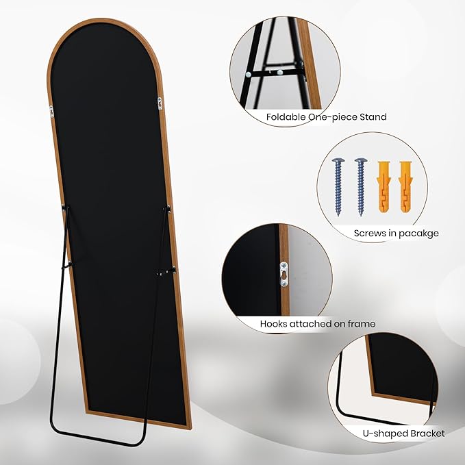 Arched 26x71 Inch Full Length Mirrors Aluminium Frame in Classic Yellowish Brown Wood Looking Free Standing Floor Mirror Full Body Wall Mounted for Bedroom Living Room and Hallway