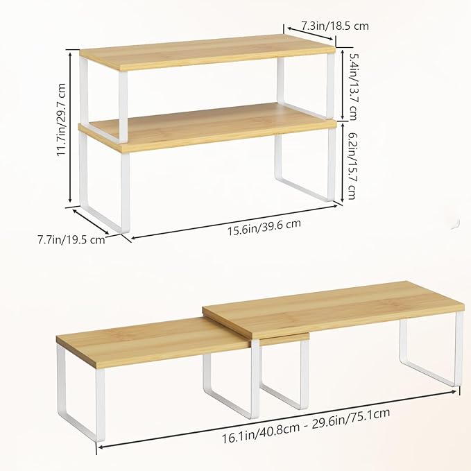 NEX Kitchen Cabinet and Counter Shelf Organizer, Stackable & Expandable, Set of 4, White and Natural - 7.7 x 15.6 x 6.2''