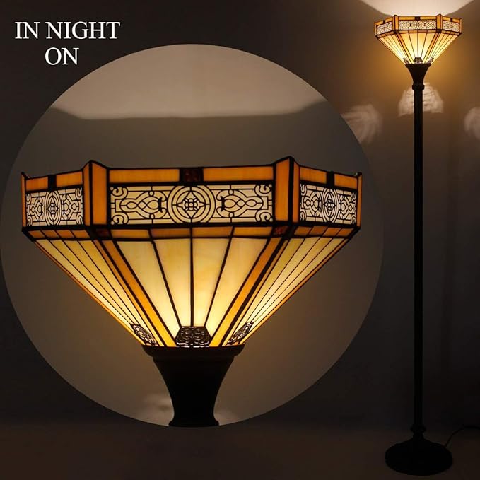 WERFACTORY Tiffany Floor Lamp Yellow Hexagon Stained Glass Mission Light 12X12X71 Inches Torchiere Standing Corner Torch Uplight Decor Bedroom Living Room Home Office S011 Series