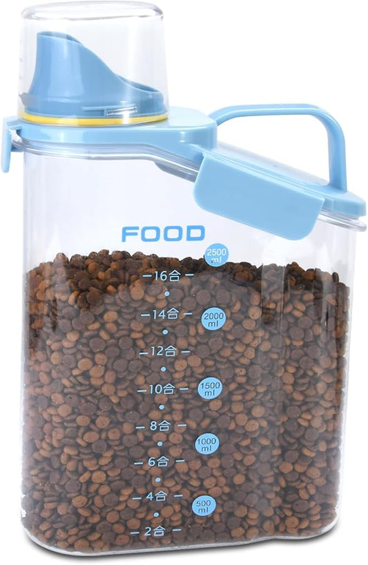Dog Food Storage Container 3-5lbs, Dog Food Container with Airtight Pour Spout, Cat Food Storage Container with Measuring Cups, Portable Pet Food Container for Dogs, Cats, Birds（Blue）