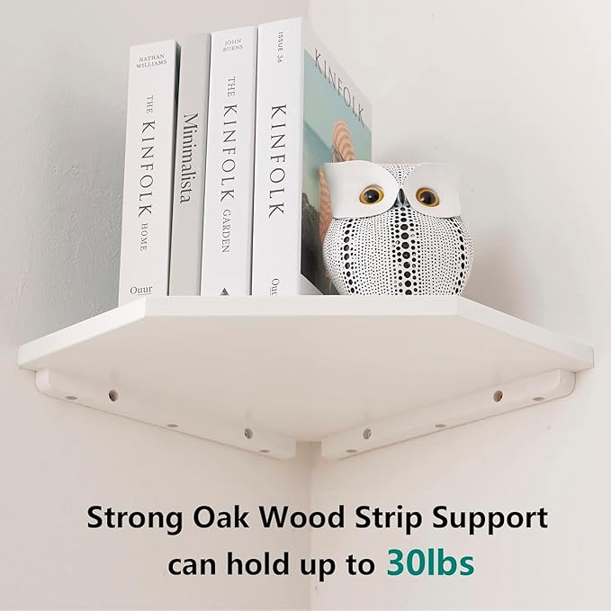 Corner Wall Shelves, Corner Floating Shelves Set of 2 Solid Oak Wood Display Shelf with Wire Hole Small Plant for Kitchen Living Room White,Oak 13.2inch