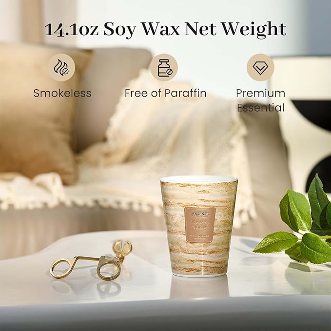 M&SENSE Tobacco Vanilla Scented Soy Candle, 3 Wick Highly Scented 14.1 Oz 80H, Aromatherapy Christmas Gift for Women and Men