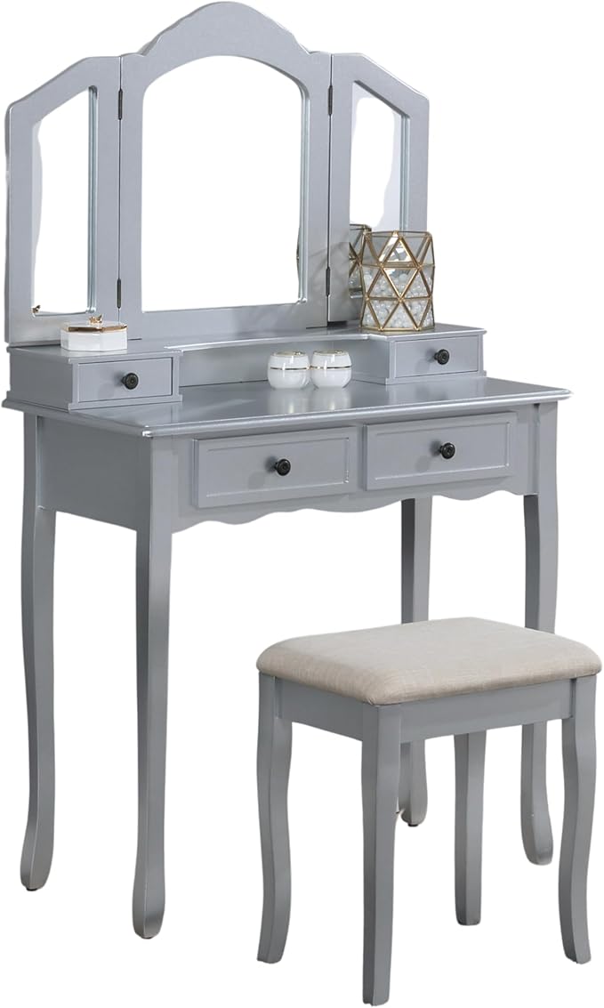 Roundhill Furniture Sanlo Wooden Vanity | Make Up Table and Stool Set | Silver