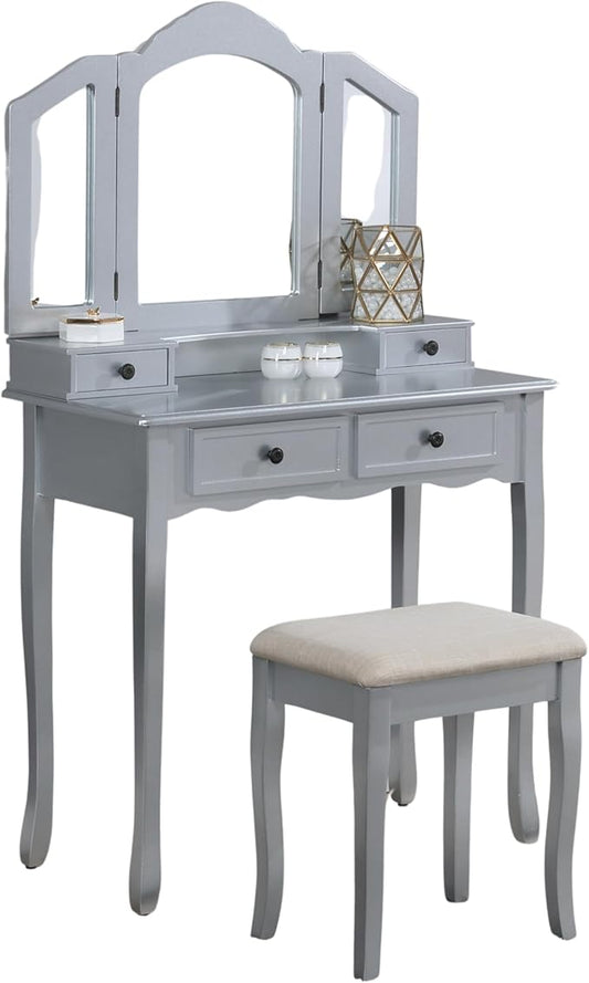 Roundhill Furniture Sanlo Wooden Vanity | Make Up Table and Stool Set | Silver