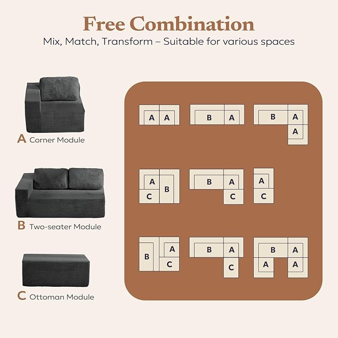 106" 3-Seater Sofa, Cloud Modular Sofa with Certified Foam, Upholstered Floor Sofa with Deep Seat, Upholstered Sofa for Bedroom Living Room, No Assembly Required (Corduroy Fabric, Grey)