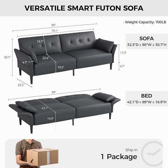 89” Futon Sofa Bed,Futon Couch Bed with 2 Square Pillows,Convertible Sleeper Sofa with Adjustable Backrest& Armrests, Modern Loveseat Sleeper for Living Room, Bedroom,Faux Leather Dark Gray