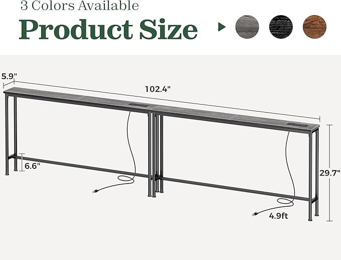 SUPERJARE 102.4 Inch Sofa Table with Power Outlets and USB-C Ports, 5.9 Inch Narrow Console Tables, Entryway Hallway Couch Tables with Storage, Behind Sofa, Small Spaces, Living Room, Grey