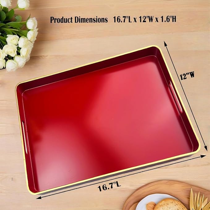 Large Red Tray, Elegant Plastic Coffee Table Tray for Ottoman, Home Decor, Living Room.16.7"*12"*1.6"