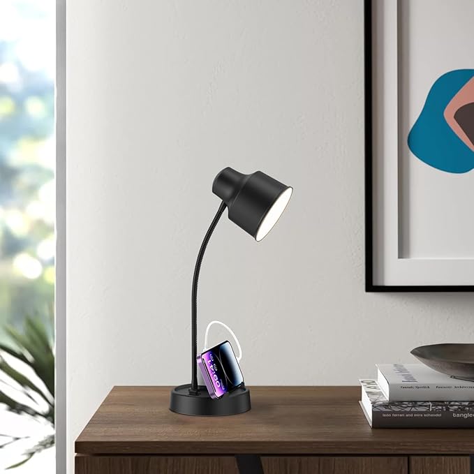 Energetic LED Desk Lamp with Phone Holder, Table Lamp with AC Outlet, Adjustable Flexible Gooseneck, 4000K, Eye-Care Reading Light for Bedroom, Study, Computer Desk, Living Room, Home Office, Black