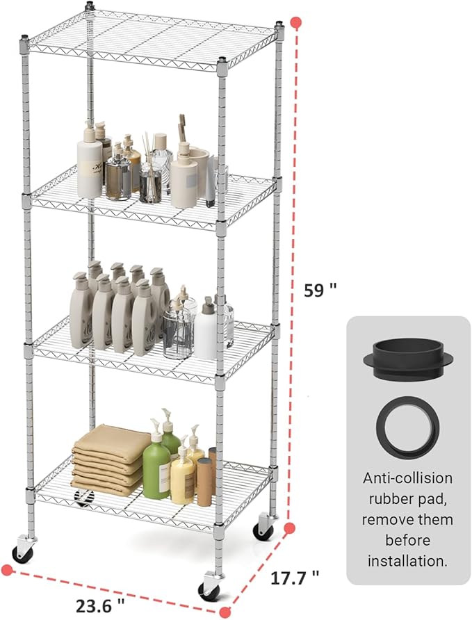 Garage Shelving with Wheels, 4 Tier Shelving Unit and Adjustable Feet, 865 lb High Capacity Rolling Storage Shelf for Kitchen, Office, Dining Room, Garage, Chrome