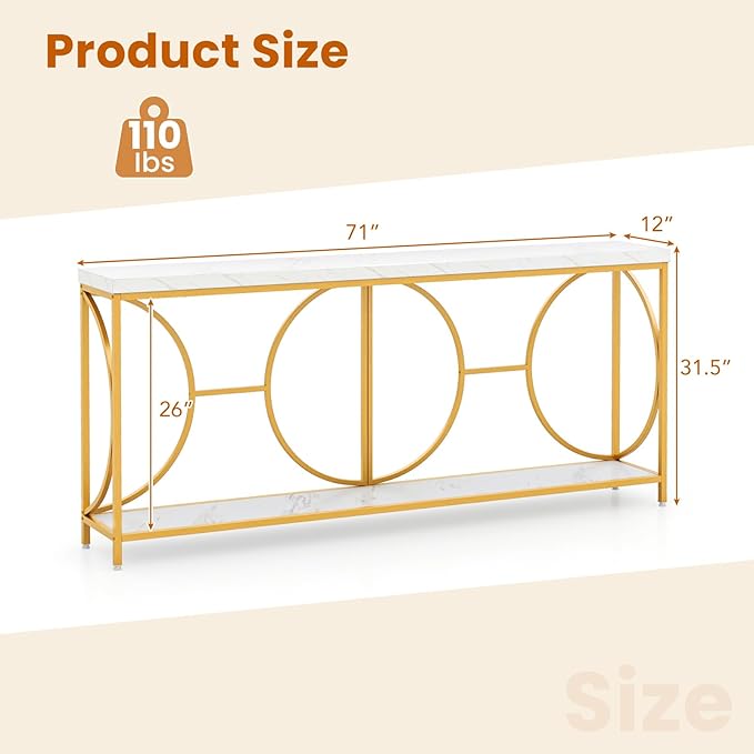 GOFLAME 71” Extra Long Console Table, 2-Tier Faux Marble Entryway Table with Storage Shelf, Geometric Metal Frame, Modern Gold Accent Table, Narrow Sofa Table for Living Room, Hallway