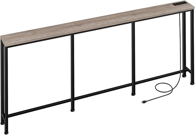 78.7" Narrow Console Table with Power Outlet 7.1" Skinny Sofa Table, Long Behind Couch with Charging Station for Hallway, Living Room Greige and Black TXG20UBG