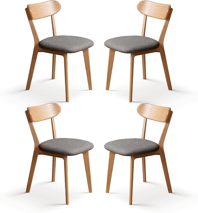 100% Solid Wood Upholstered Dining Chairs, Mid Century Modern Oak Dining Chairs with Curved Back with Butterfly Wing Shape for Kitchen, Dining Room, Restaurant (4PK, Log Color-Dark Gray Cushion)