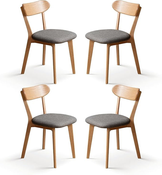 100% Solid Wood Upholstered Dining Chairs, Mid Century Modern Oak Dining Chairs with Curved Back with Butterfly Wing Shape for Kitchen, Dining Room, Restaurant (4PK, Log Color-Dark Gray Cushion)