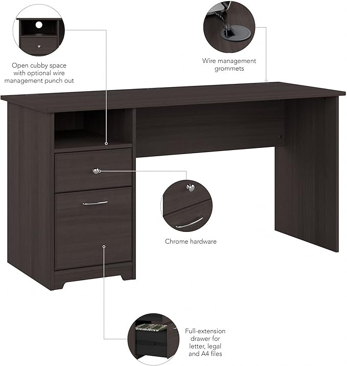 Bush Furniture Cabot 60W Office Desks for Home Office with Storage and Chrome Hardware, Elegant Computer Table with Drawers, Heather Gray
