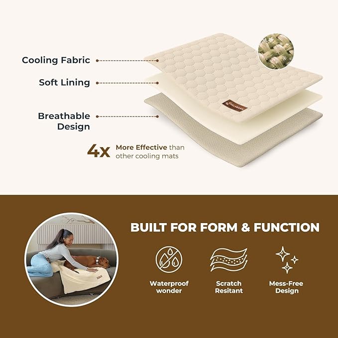Pelsbarn Dog Cooling Mat- Ice Silk Summer Comfort, Self Cooling, Non-Slip Dog Pad, Durable & Washable, Mat for Large Dogs 25" x 37", Support Shelter Dogs with Every Purchase (Beige)