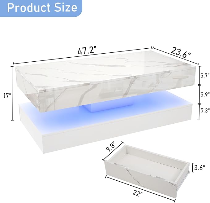 47.2" Large High-Glossy LED Coffee Table with 2 Sliding Drawers, Living Room Storage Coffee Tables with Marbling Print, Modern Stylish Double-Layer Center Tables w/LED Lights, White