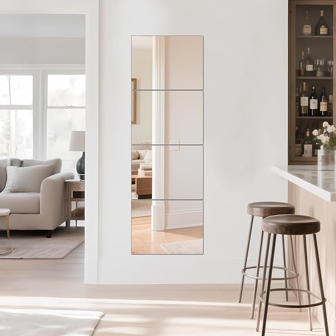 Ruomeng Full Length Wall Mirror Tiles - 12" x 16" x 4Pcs Frameless Full Body Mirror Tiles Wall Mounted Mirror for Home Gym Vanity Bedroom, Living Room