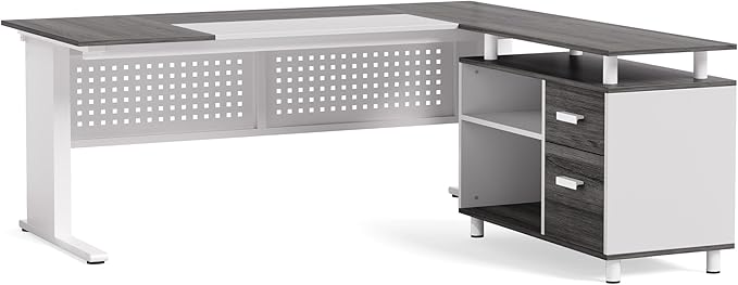 LITTLE TREE Large Computer Desk with File Cabinet, 63-Inch Executive Desk L Shaped Office Desk with Drawers and Storage Shelves, Business Furniture Desk Workstation for Home Office (Grey + White)