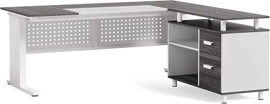 LITTLE TREE Large Computer Desk with File Cabinet, 63-Inch Executive Desk L Shaped Office Desk with Drawers and Storage Shelves, Business Furniture Desk Workstation for Home Office (Grey + White)