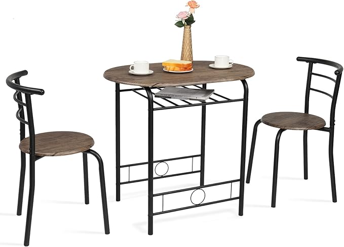 VINGLI 3 Piece Dining Set,Small Kitchen Table Set for 2,Breakfast Table Set for 2,Kitchen Wooden Table and 2 Chairs for Small Space/Dining Room/Apartment,Metal Frame,Wine Rack,Rustic