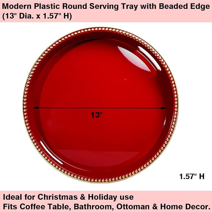 Red Decorative Tray for Coffee Table, Round Beaded Plastic Serving Tray forKitchen Counter, Ottoman, Living Room,(13")
