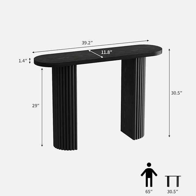 Fluted Console Table with Solid Wood Legs, 39.2" Farmhouse Entryway Table with Rounded Corners, Morden Sofa Tables Behind Couch for Foyer, Entrance, Living Room, Hallway, Black