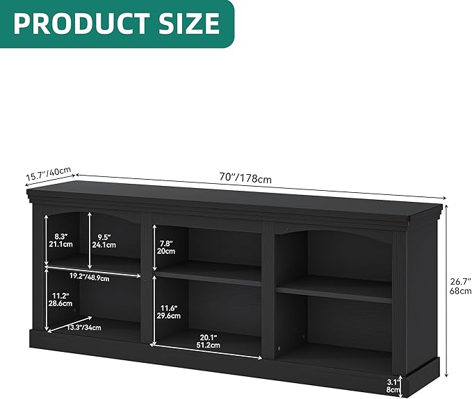 YITAHOME Farmhouse TV Stand with Cord Management for 75/80 Inch TV, Entertainment Center with Adjustable Shelf & Open Storage, 70" TV Console Table for Living Room (Black)