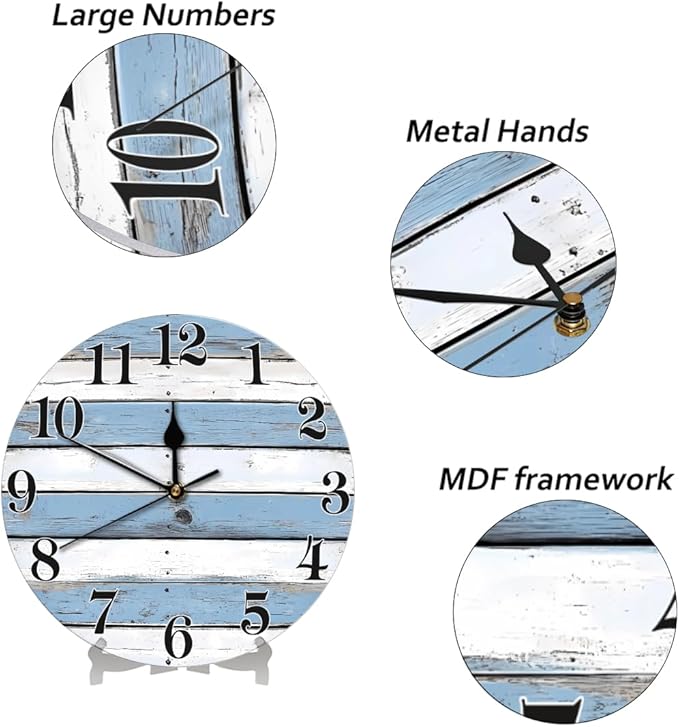 Coastal Country Wooden Wall Clock Battery Operated 10 in Round Wall Clocks Slilent Non Ticking Quartz Analog Clock for Bedroom Kids Living Room Classroom Decor