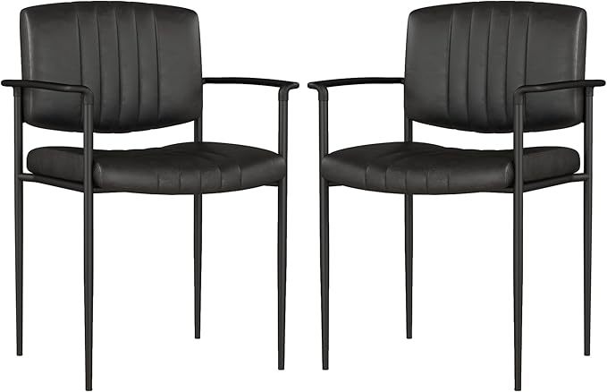 Mid-Century Modern PU Leather Dining Chairs Set of 2, Upholstered Kitchen Chairs with Arms and Metal Legs Adjustable Feet for Kitchen Dining Room(Black)