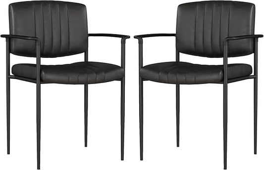 Mid-Century Modern PU Leather Dining Chairs Set of 2, Upholstered Kitchen Chairs with Arms and Metal Legs Adjustable Feet for Kitchen Dining Room(Black)