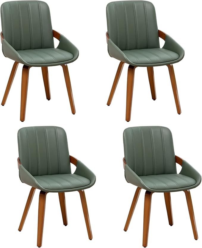 Mid Century Modern Faux Leather Upholstered Dining Chairs,Armless Accent Chairs with Sturdy Natural Wood Legs,Bamboo Backrest Support for Kitchen&Dining Room Chairs(Set of 4,Green)