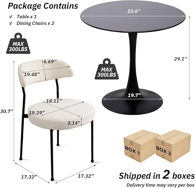 SoarFlash Kitchen Table and Chairs for 2, 24" Dining Table Set for 2 with Boucle Upholstered Chairs, 3 Piece Round Kitchen Table Set, Dining Room Table Set for Small Space, Apartment