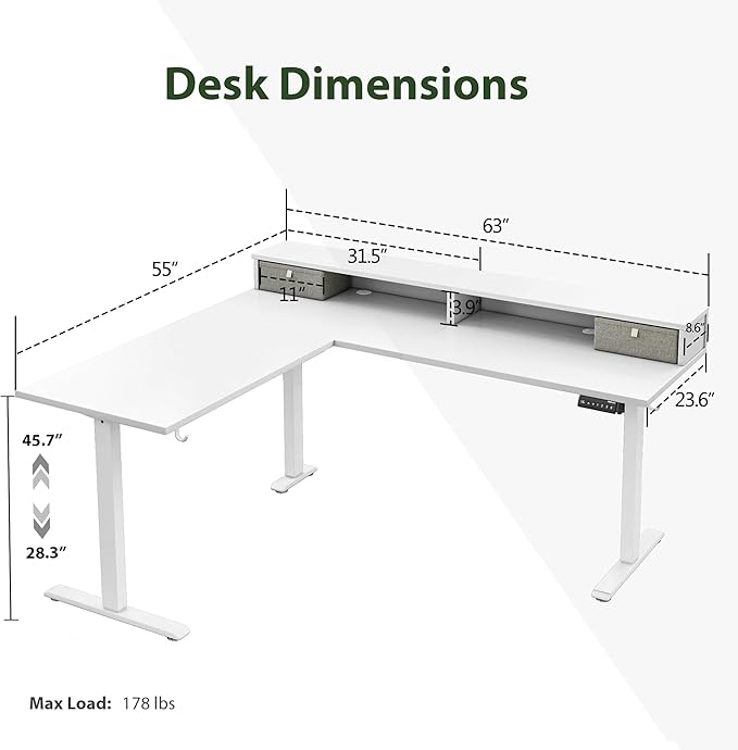 Agilestic L Shaped Electric Standing Desk with 2 Drawers, 63 Inch Ergonomic Adjustable Height Desk with Storage, Corner Desk Sit Stand up Computer Table for Work Office Home, White
