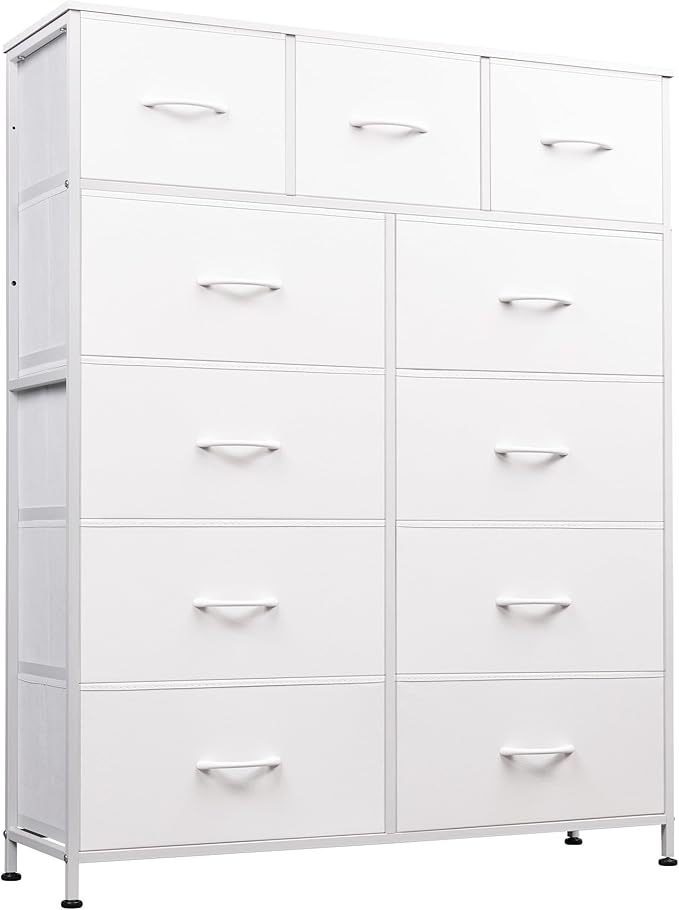 WLIVE Storage Organizer Unit with 11 Fabric Bins, Storage Drawers Organizer with Steel Frame, Tall Storage Tower Organizaton for Living Room, Hallway, Office, White