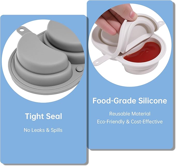 NiHome 3-Pack Reusable Dual-Compartment Silicone Snack Containers with Lids, Safe for Baby Food, Leak-Proof & Easy-Clean for Dips, Sauces, Travel, Microwave & Dishwasher Safe (Cream, Gray, Black)