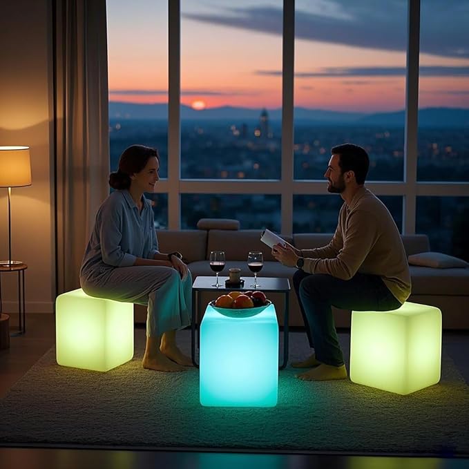 Mr.Go 15-Inch LED Cube Chair, 16 Dimmable RGB Colors Cube Seat w/Remote, Rechargeable Glowing Side Table, Waterproof Outdoor Floor Lamp for Patio, Pool, Home, Garden, Bar, Stage, Party Decor Lighting