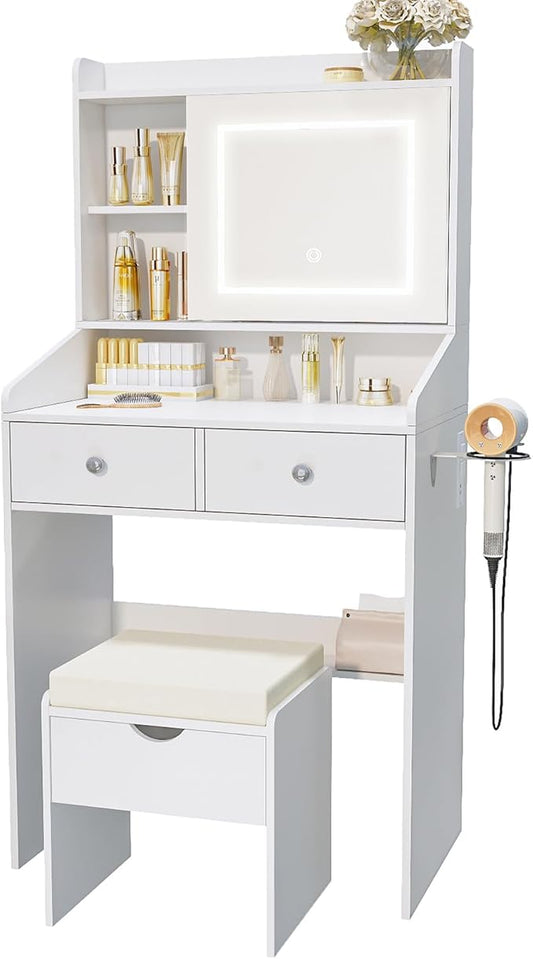 Vanity, Small Vanity Desk with Sliding Mirror, Dimmable LED Lights, 2 Drawers,Vanity Table Ideal for Bedroom (White)