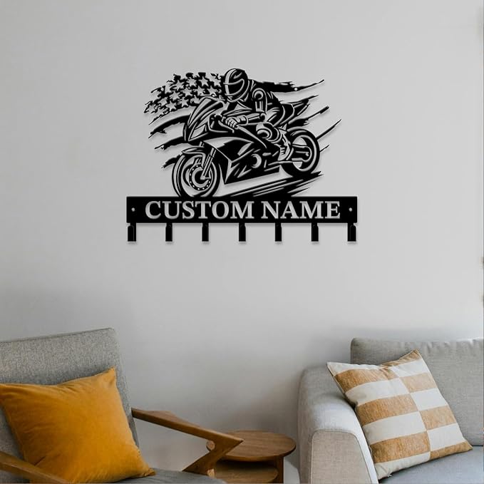 Personalized Custom Name Motorcycle Keys Hooks,Metal Motorcycle Art Clothes Keys Hooks,Metal Motorcycle Lover Wall Home Storage Decorative Keys Hooks,Key Holder Hooks for Wall (Style D)