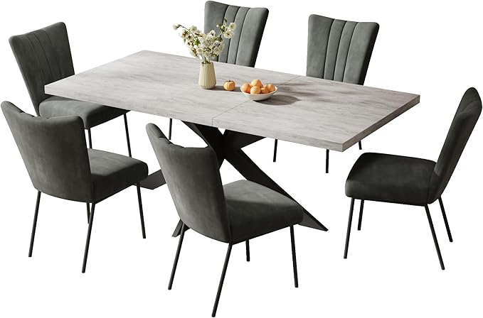 ZckyCine 6-Piece Extendable Dining Table Set, Modern 51''–67'' Grey Wood Table with 6 Black Fabric Chairs, Dining Room Table and Chairs for 6, Ideal for Kitchen or Dining Room