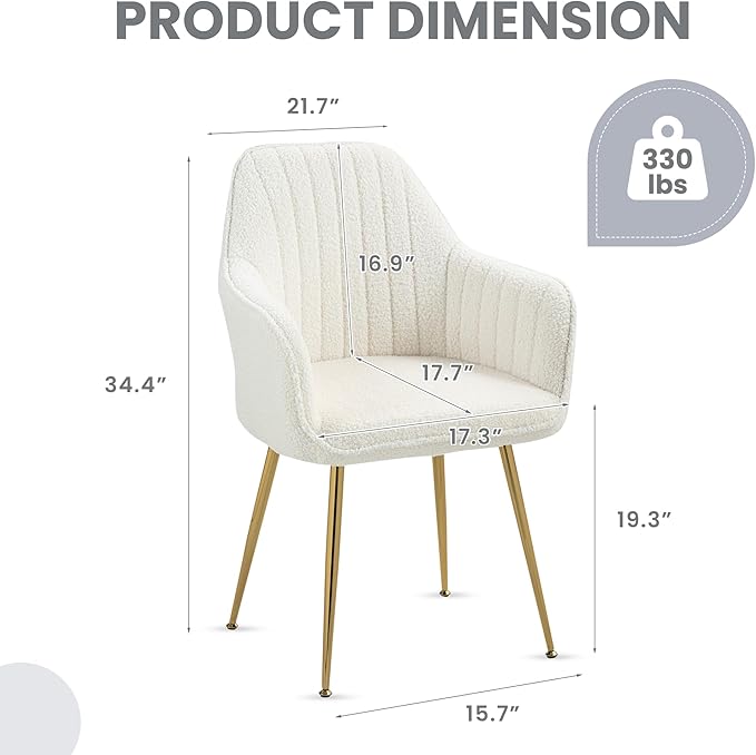 ECOTOUGE Teddy Velvet Dining Chairs Set of 2, Modern Arm Chair with Golden Metal Legs, Fluffy Boucle Sherpa Accent Chairs for Kitchen, Cream White