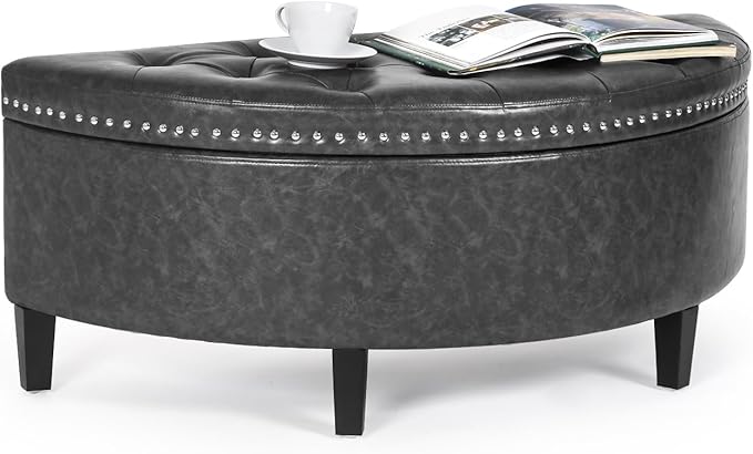 Homebeez 43" Half Moon Storage Ottoman Bench, Lift Top Faux Leather Storage Ottoman Bench for Bedroom Living Room (Gray)